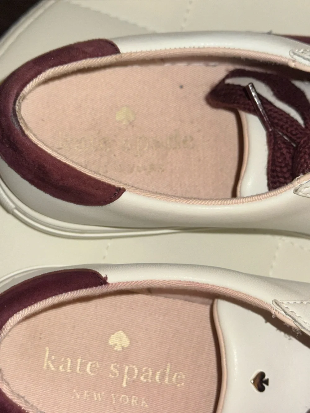 Kate Spade New York Fez White Leather Ace Suede Sneakers Burgundy Accent Sz 10B